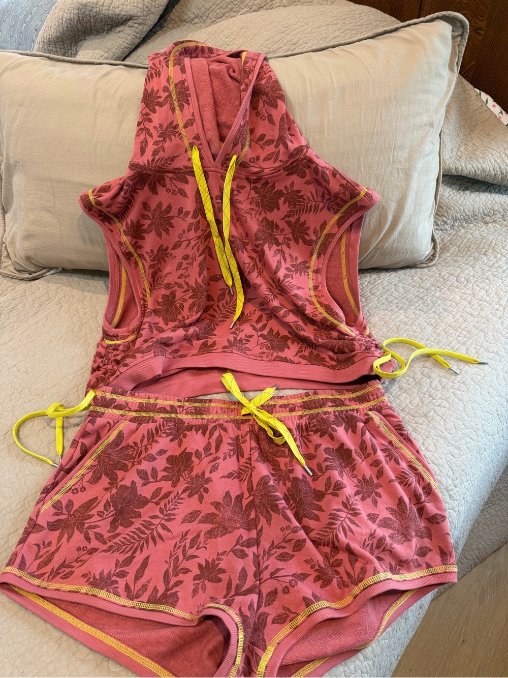 Sleeveless Pink Floral Hooded Bodysuit Romper with Yellow Trim